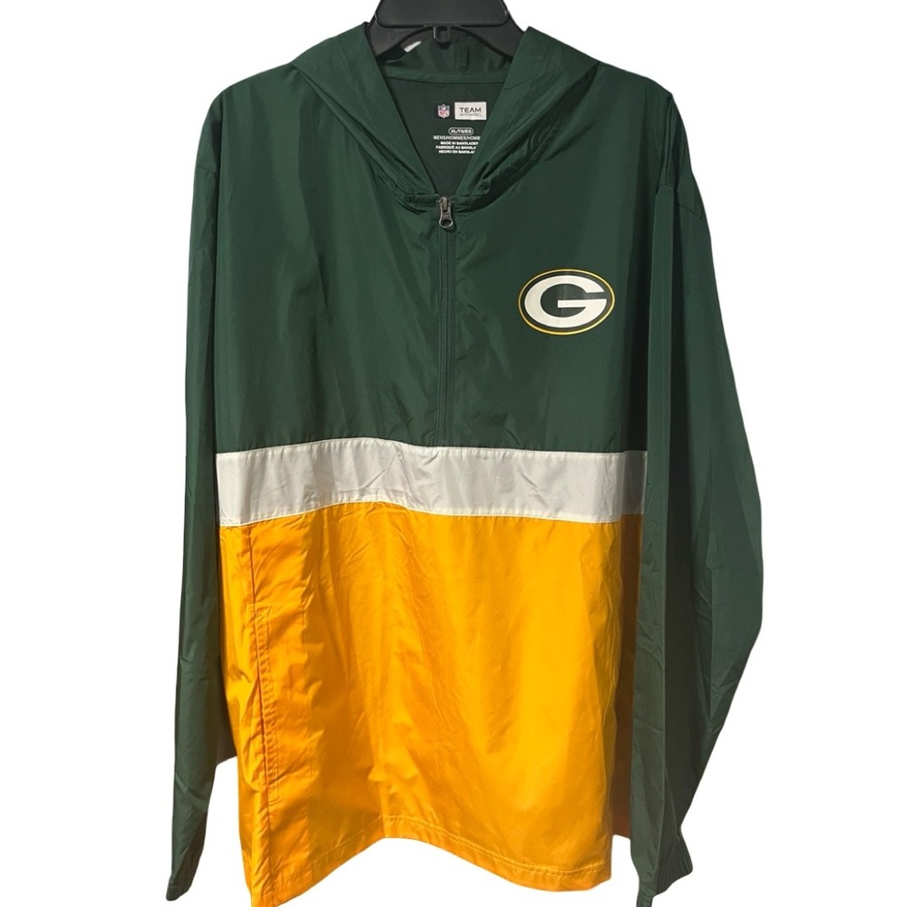 NFL Team Apparel Green Bay Packers Windbreaker Quarter Zip Hooded Jacket Mens XL